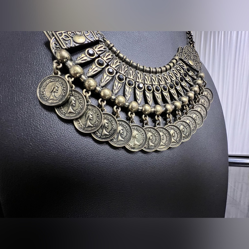 Bib Tribal Gypsy Statement Coin Aged bronze color necklace metal BaubleBar - Picture 9 of 10